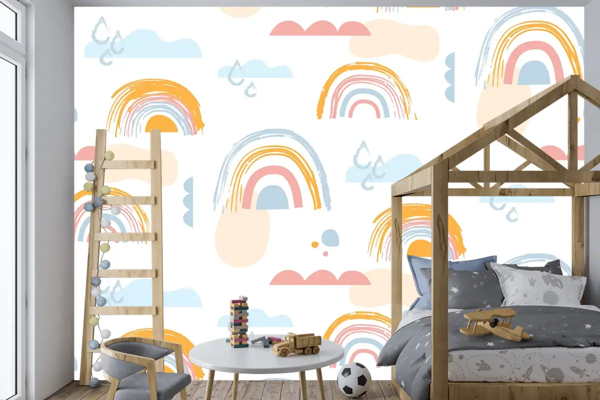 Elle Çizilmiş Gökkuşağı Desen Tasarımı Çocuk Odası Duvar Kağıdı