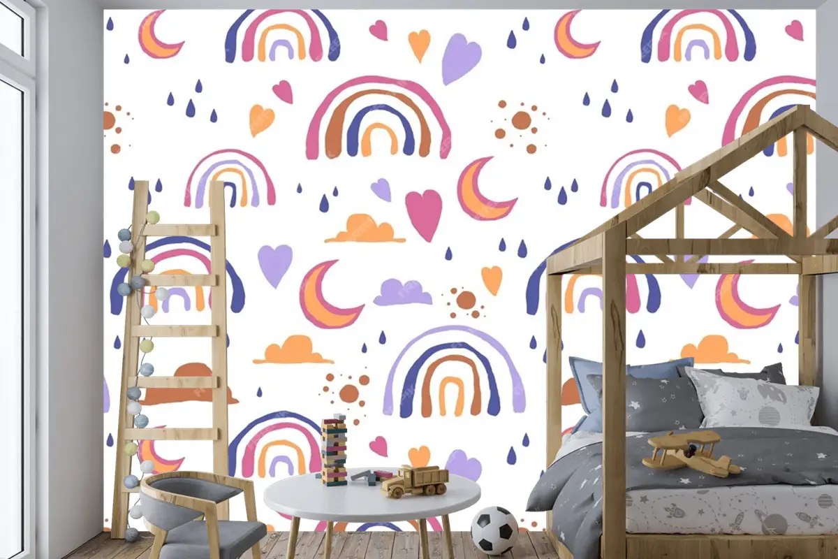 Elle Çizilmiş Gökkuşağı Desen Tasarımı Çocuk Odası Duvar Kağıdı