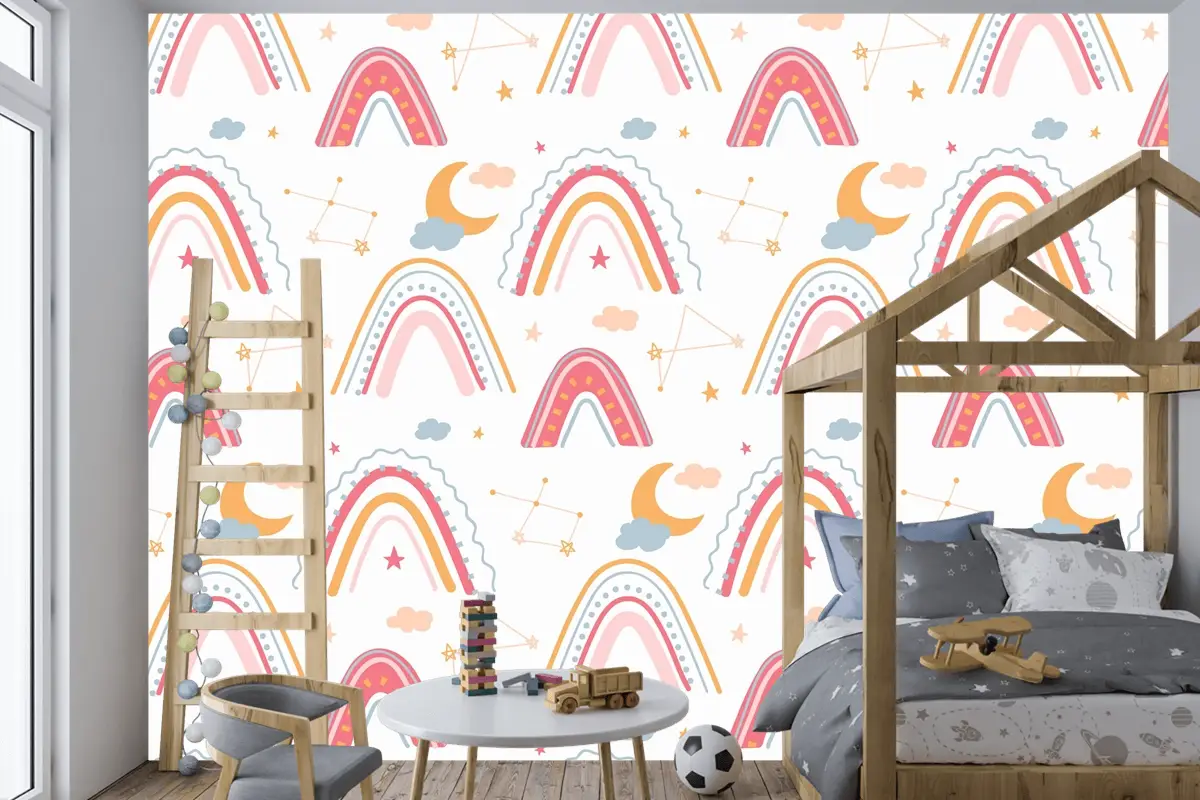 Elle Çizilmiş Gökkuşağı Desenli Çocuk Odası Duvar Kağıdı 