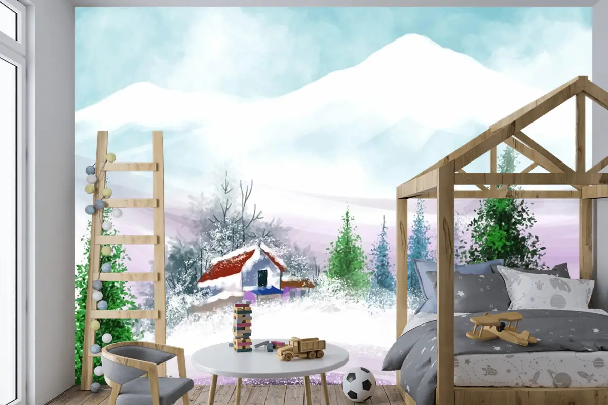 Noel Ve Yeni Yılınız Kutlu Olsun Çocuk Odası Duvar Kağıdı  İçin El Boyalı Suluboya Çizimi