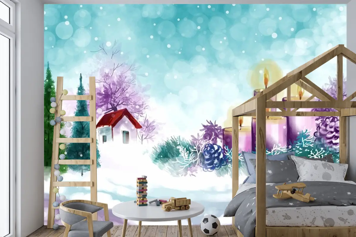 Noel Ve Mutlu Yeni Yıl Sezonu Çocuk Odası Duvar Kağıdı  Için El Boyalı Suluboya Çizimi