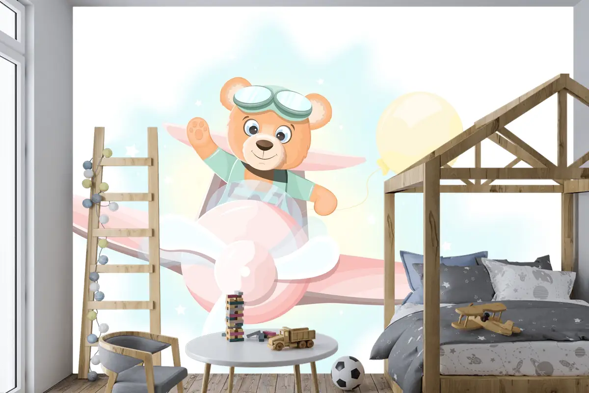 Uçakta Uçan Mutlu Ayıcık Çocuk Odası Duvar Kağıdı