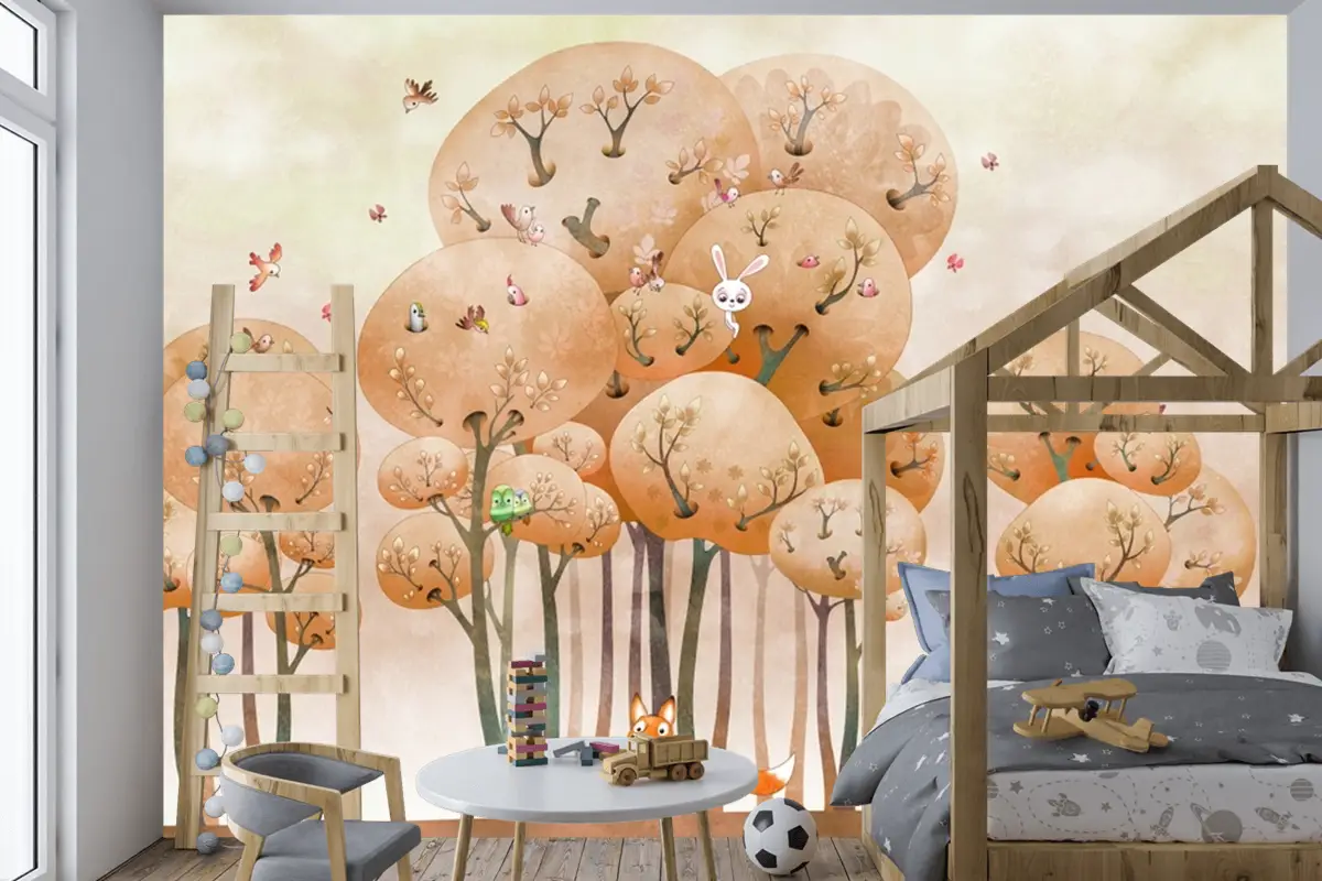 Hayvanlı Suluboya Orman Sonbahar Tilki Çocuk Odası Duvar Kağıdı