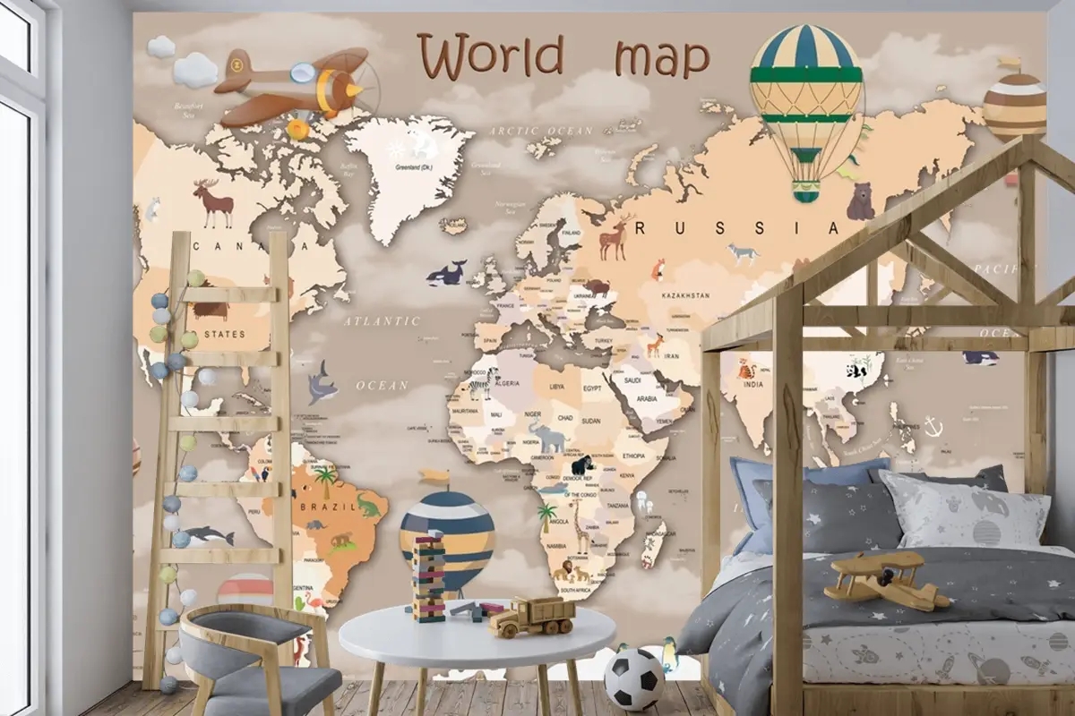 Hayvanlı Ve Sıcak Hava Balonlu Dünya Haritası Çocuk Odası Duvar Kağıdı Hayvanlı Ve Sıcak Hava Balonlu Dünya Haritası Çocuk Odası Duvar Kağıdı