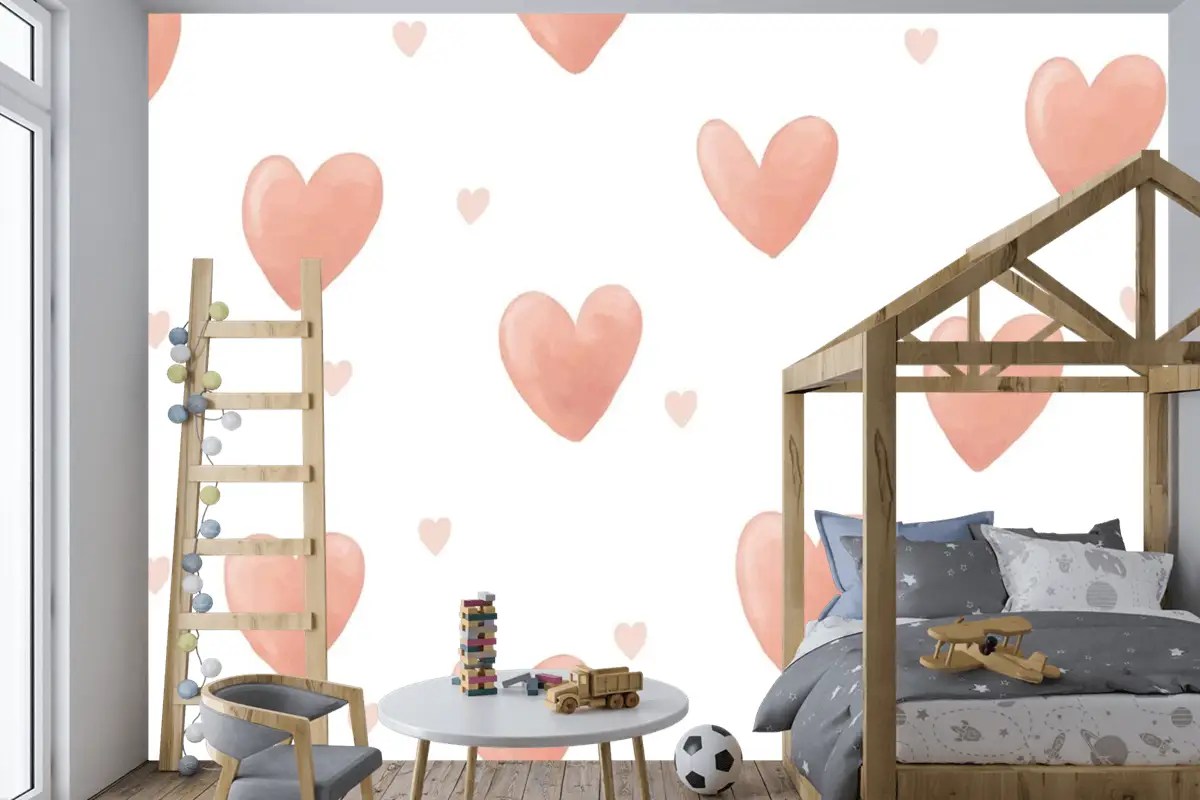 Kalp Arka Plan Sevimli Suluboya Çocuk Odası Duvar Kağıdı 