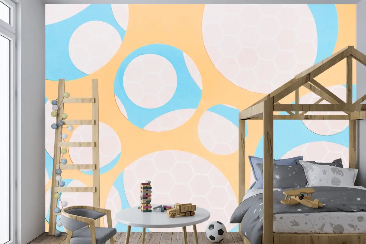 Sarı Çocuk Odası Duvar Kağıdı Duvar Üzerinde Daire Şeklinde Petek Deseni