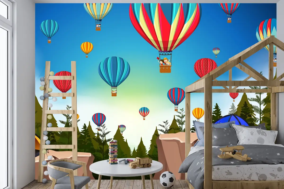 Doğada Sıcak Hava Balonu Manzara Çocuk Odası Duvar Kağıdı