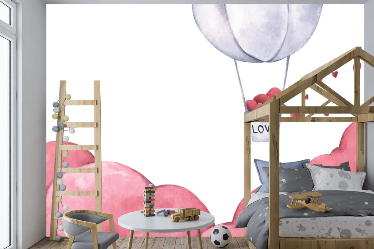 Sıcak Hava Balonu Gökyüzünde Yüzen Kalpli Çocuk Odası Duvar Kağıdı