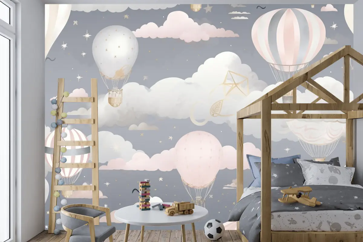 Bulutlarla Gökyüzünde Uçan Sıcak Hava Balonları Çocuk Odası Duvar Kağıdı