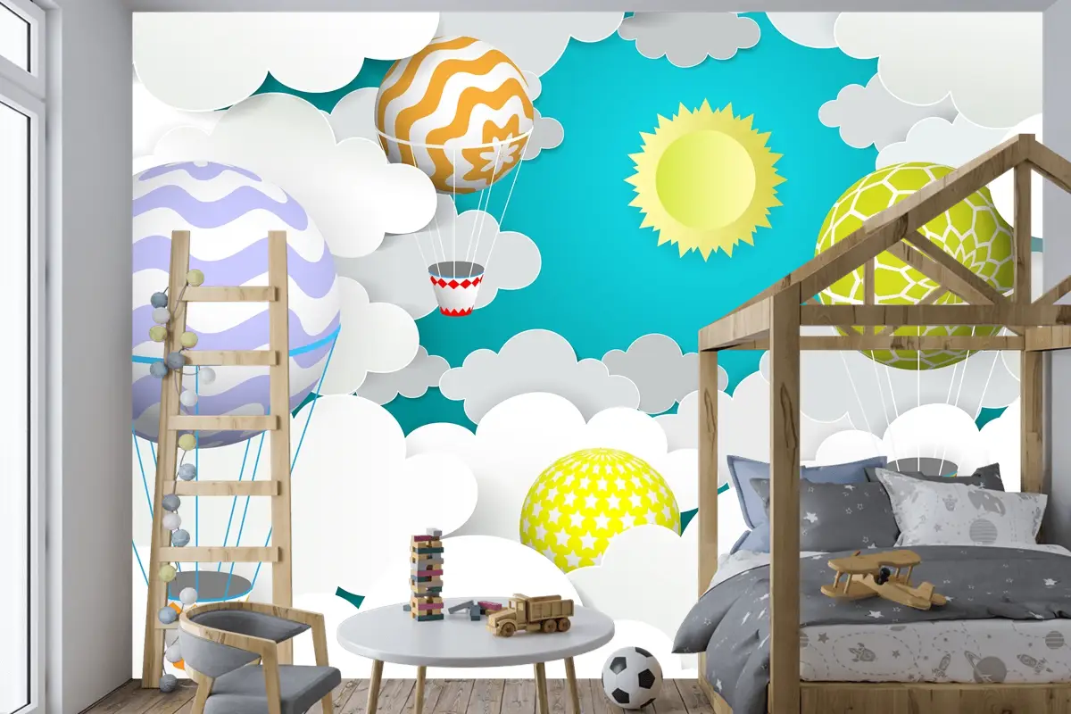 Gökyüzünde Sıcak Hava Balonları Kağıt Sanat Tarzı Çocuk Odası Duvar Kağıdı