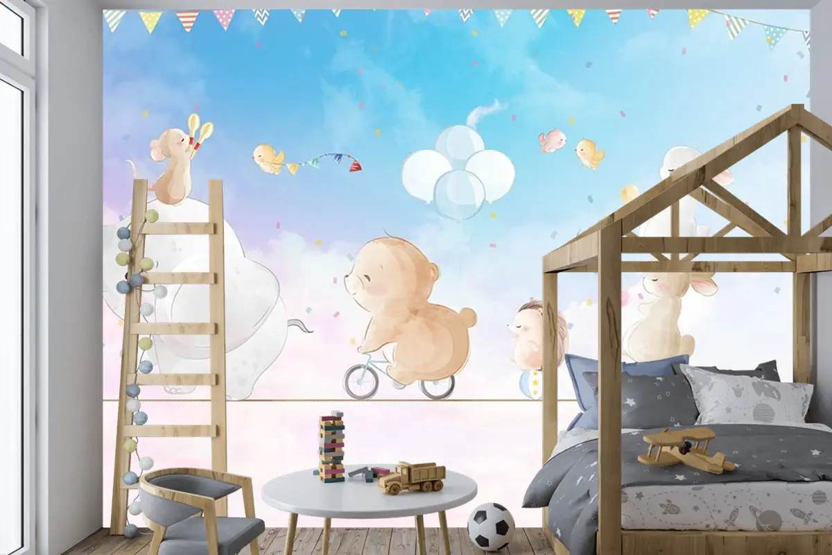 İp Üstünde Mutlu Hayvanlar Çocuk Odası Duvar Kağıdı