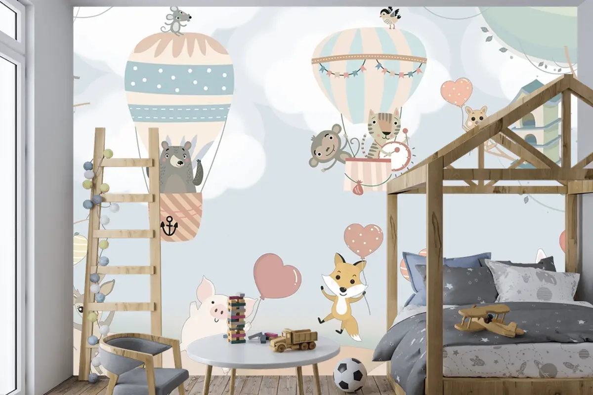 İskandinav Hayvanları Sıcak Hava Balonları Çocuk Odası Duvar Kağıdı