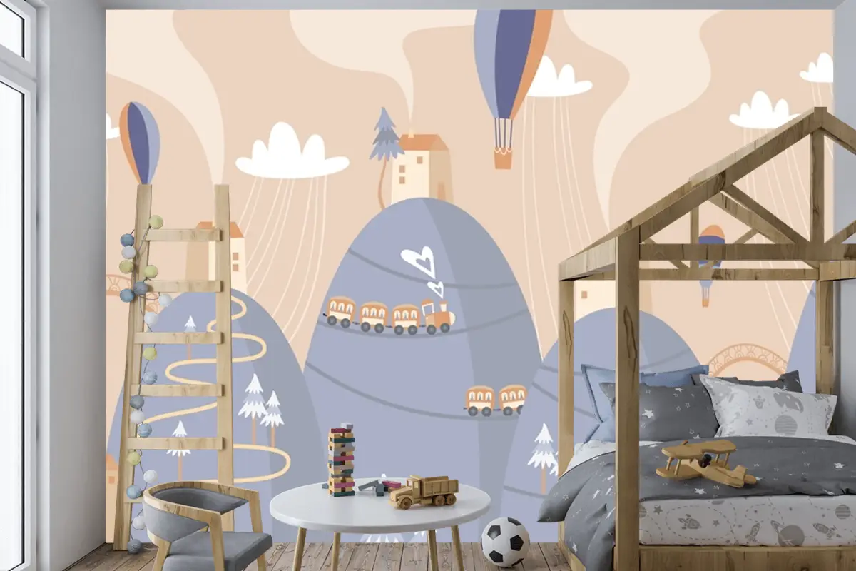 İskandinav Manzara Tepeler Sıcak Hava Balonları Tren Çocuk Bebek Odası Duvar Kağıdı