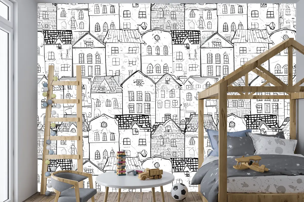 Çocuklar Siyah Beyaz Eskiz Ev Çocuk Odası Duvar Kağıdı 