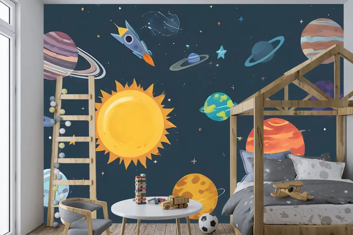 Kids Boys Suluboya Uzay Ve Güneş Sistemi Çocuk Odası Duvar Kağıdı