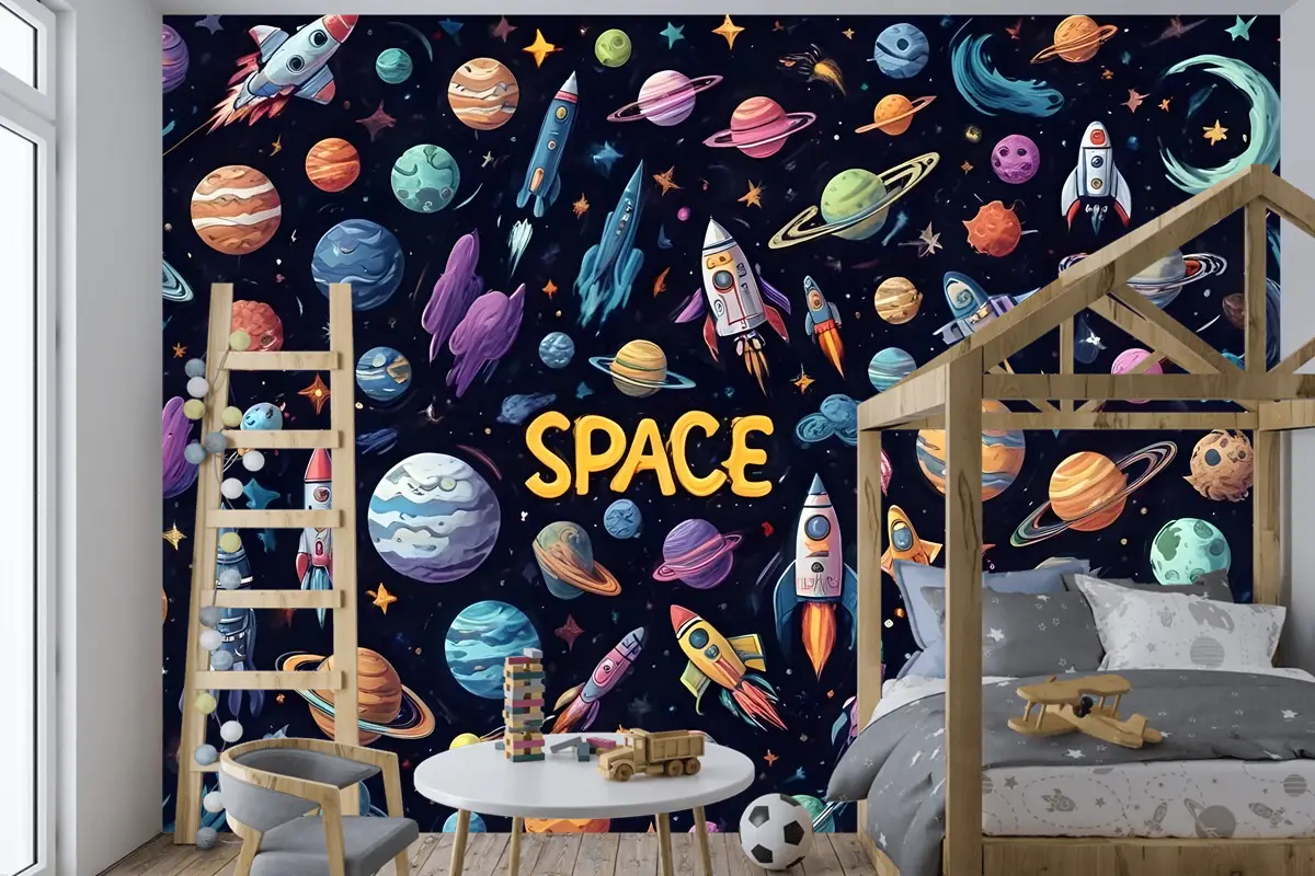 Astronot Ve Renkli Gezegenlerle Çocuk Karikatür Uzay Çocuk Odası Duvar Kağıdı