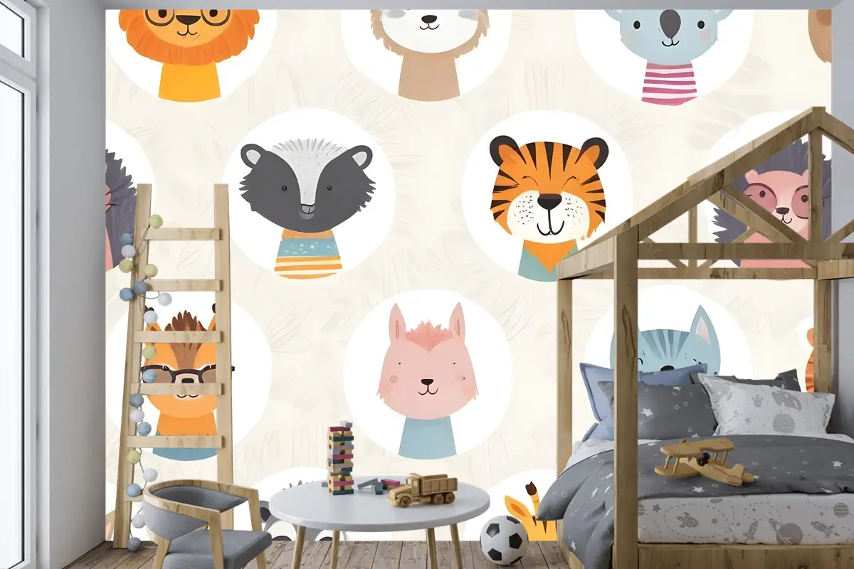 Çocuklar Sevimli Safari Hayvanlar Desen Çocuk Odası Duvar Kağıdı 