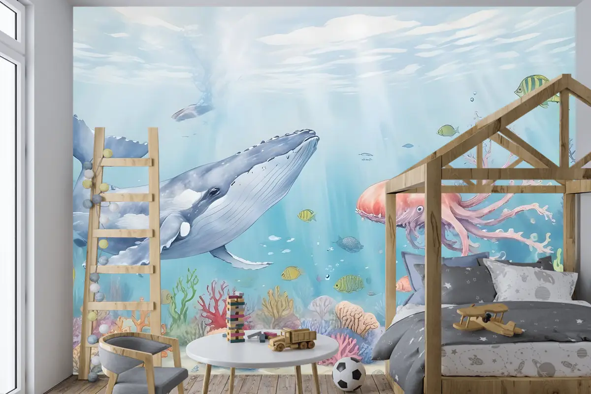 Çocuklar Sevimli Balina Denizaltı Çocuk Odası Duvar Kağıdı Duvar Resimleri