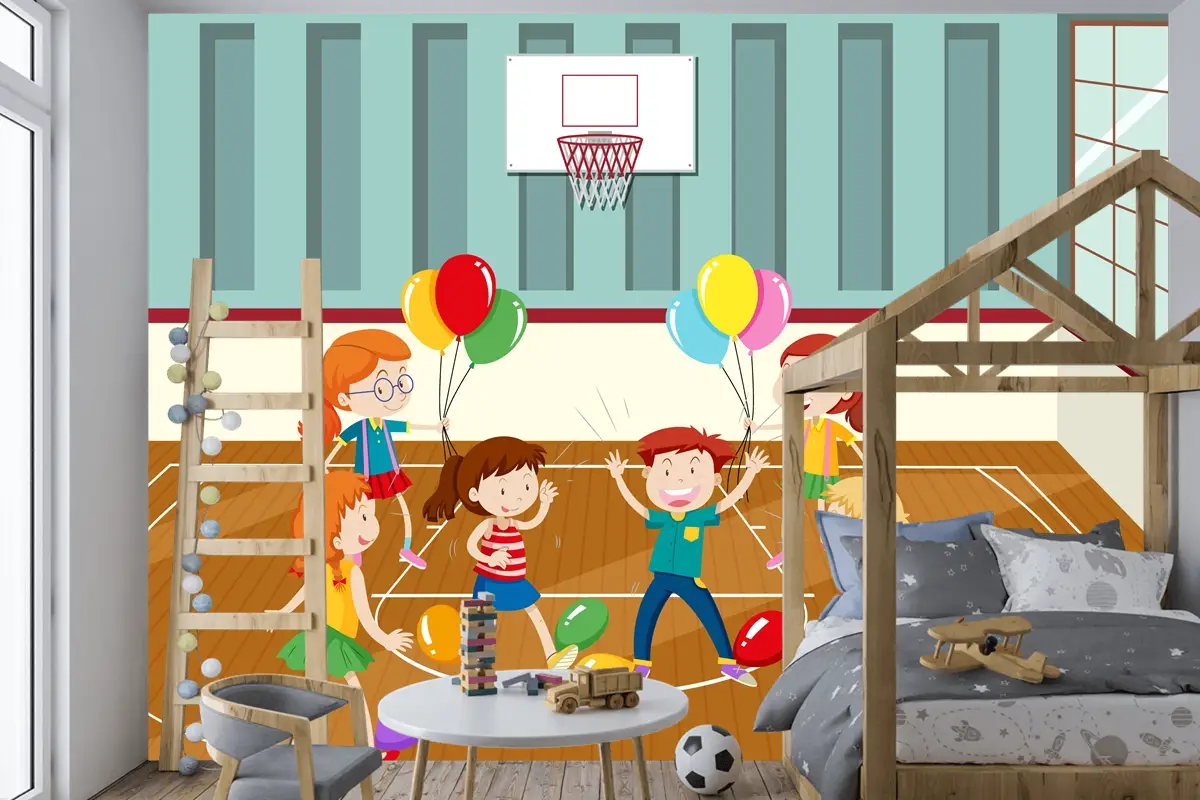 Balonlarla Fiziksel Aktivite Yapan Çocuklar Çocuk Odası Duvar Kağıdı