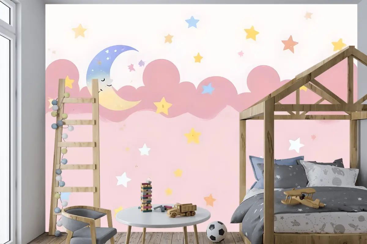 Çocuk Kız Pembe Gece Uyuyan Ay Çocuk Odası Duvar Kağıdı