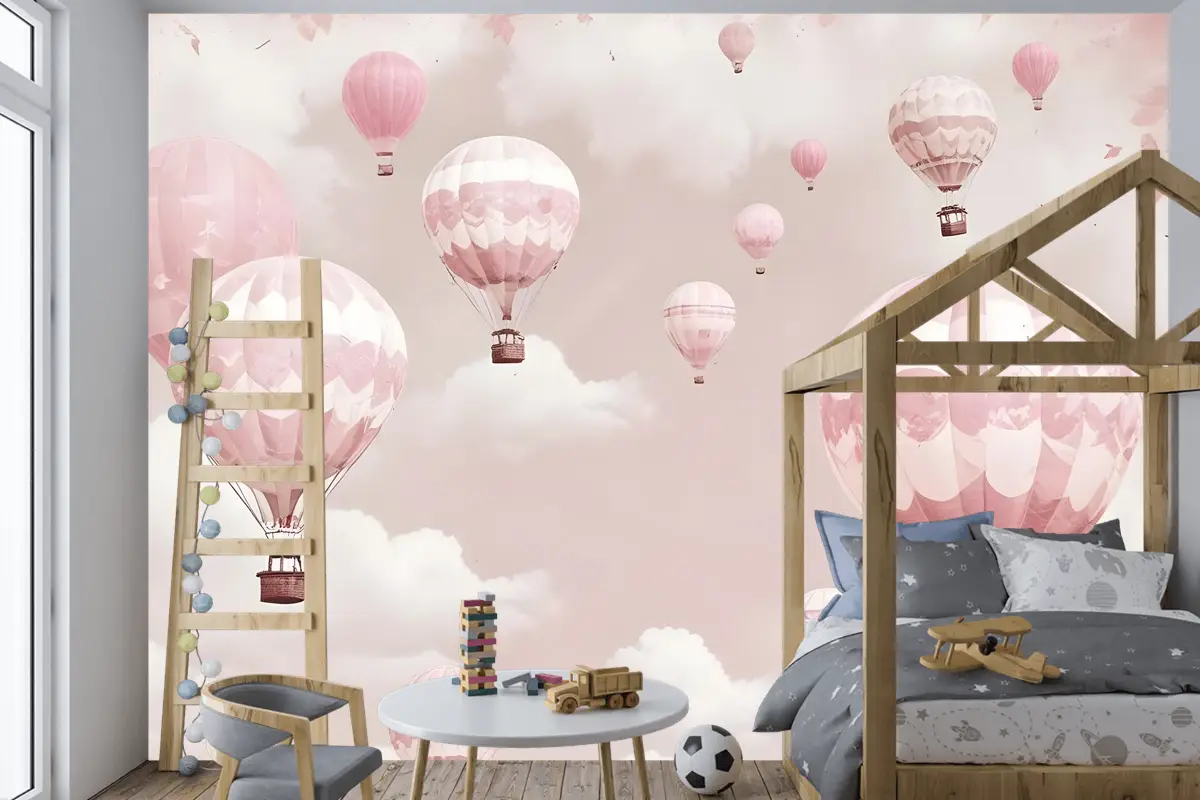 Çocuk Kız Sıcak Hava Balonu Çocuk Odası Duvar Kağıdı Duvar Pembe Gökyüzü