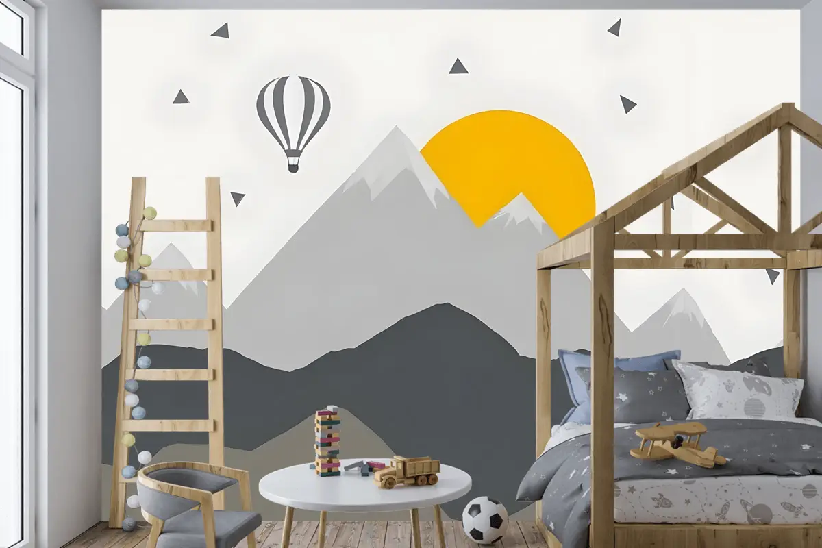 Çocuklar Gri Geometrik Dağ Manzarası Ve Sıcak Hava Balonu Çocuk Odası Duvar Kağıdı