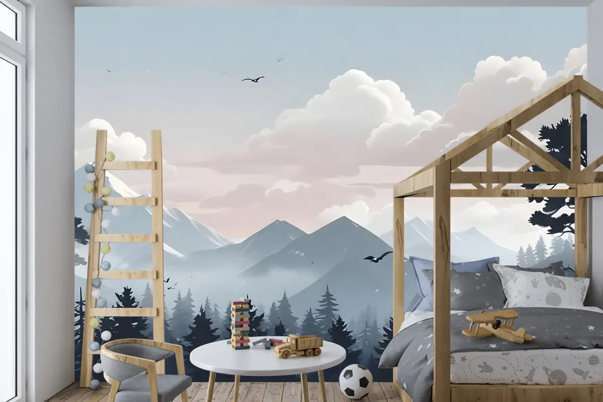Çocuklar Karla Dağ Manzarası Çocuk Odası Duvar Kağıdı