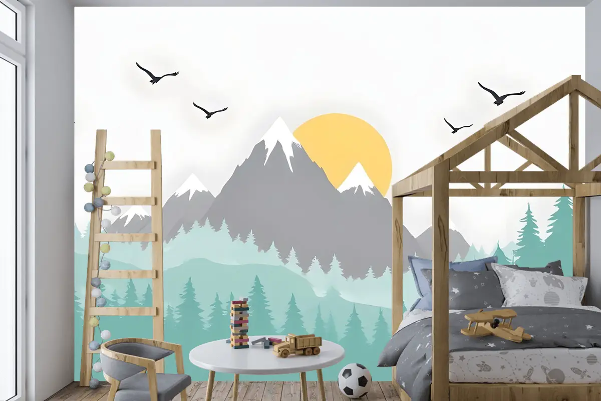 Çocuklar Için Ağaçlarla Dağ Manzarası Çocuk Odası Duvar Kağıdı