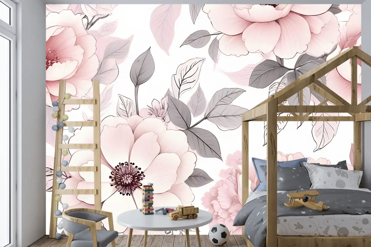 Çocuk Kreş Çiçek Pembe Gül Desenli Çocuk Odası Duvar Kağıdı