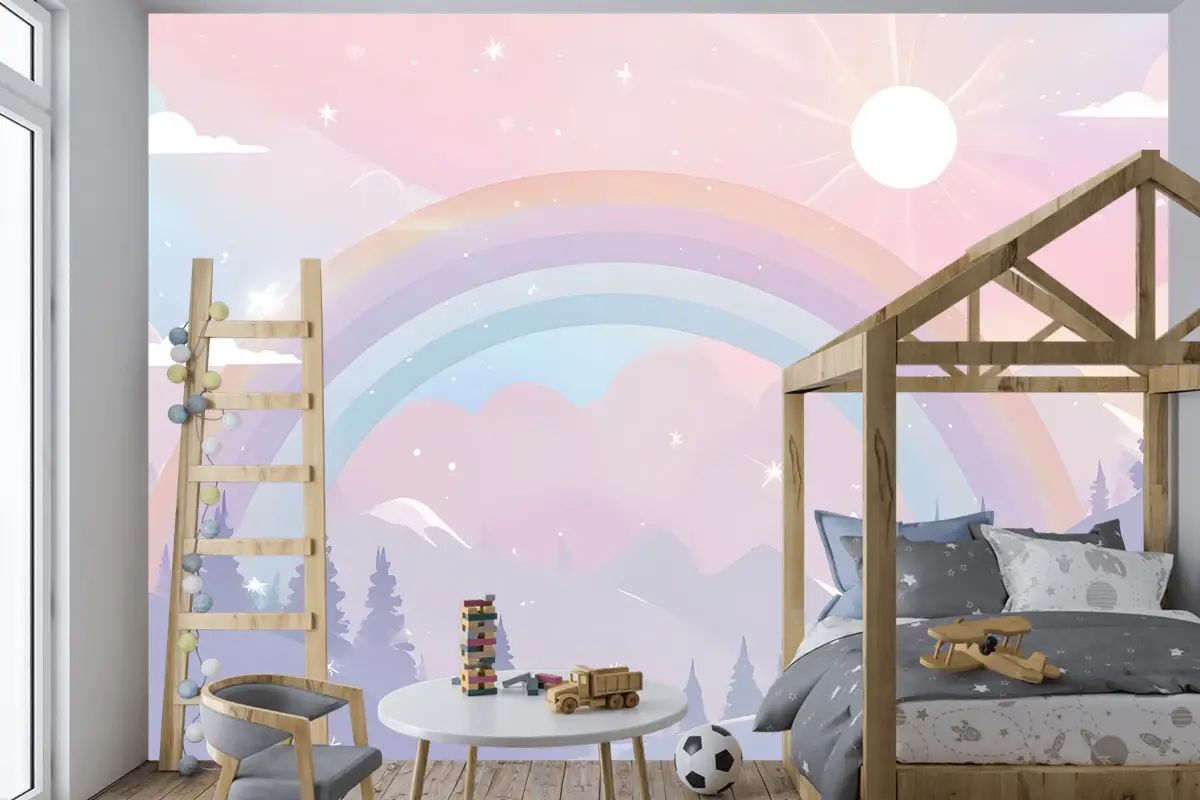 Renkli Dağlar Ve Parlak Yıldızlarla Çocuk Kreş Gökkuşağı Çocuk Odası Duvar Kağıdı