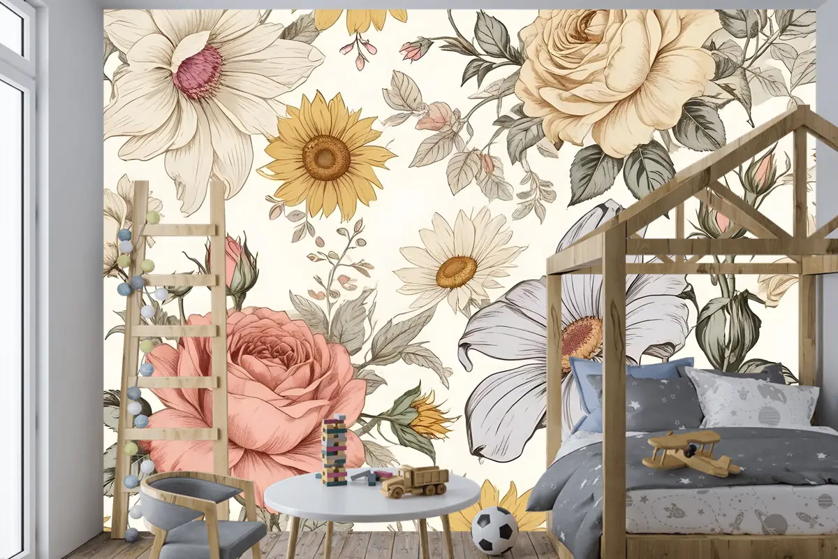 Çocuklar Şakayık Ve Papatya Çiçek Çocuk Odası Duvar Kağıdı