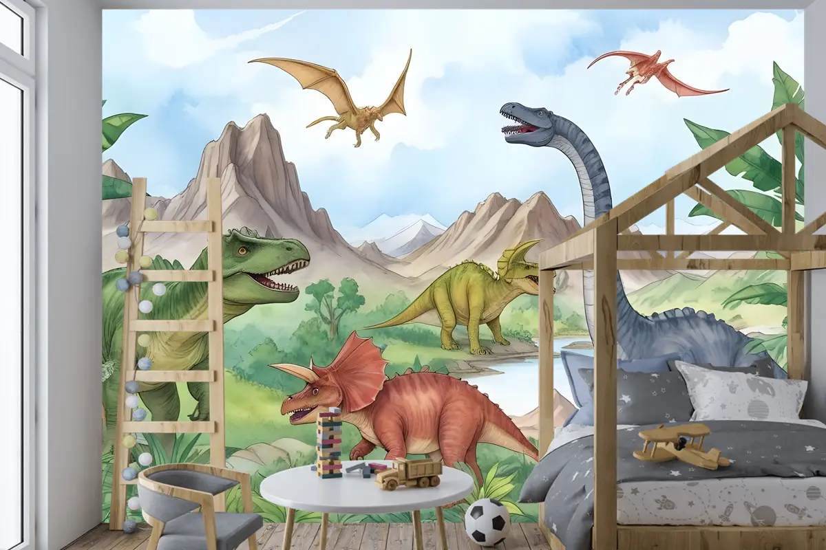 Çocuklar Tarih Öncesi Dinozor Çocuk Odası Duvar Kağıdı 