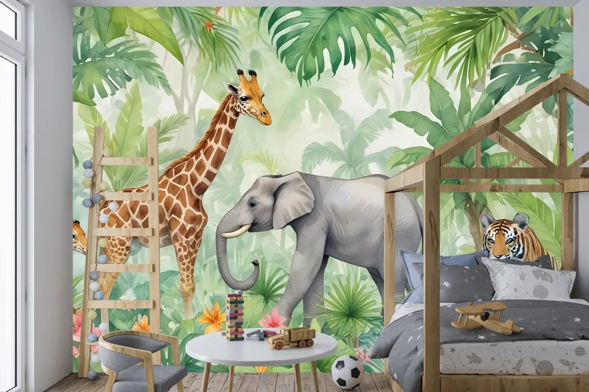 Çocuklar Safari Suluboya Tropikal Orman Orman Hayvanları Çocuk Odası Duvar Kağıdı