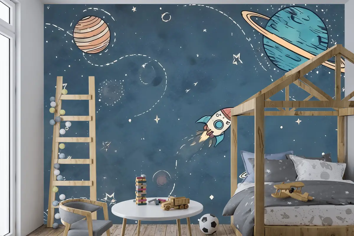 Beyaz Şerit Çocuk Odası Duvar Kağıdı  Ile Parlayan Karikatür Uzay Çocuklar
