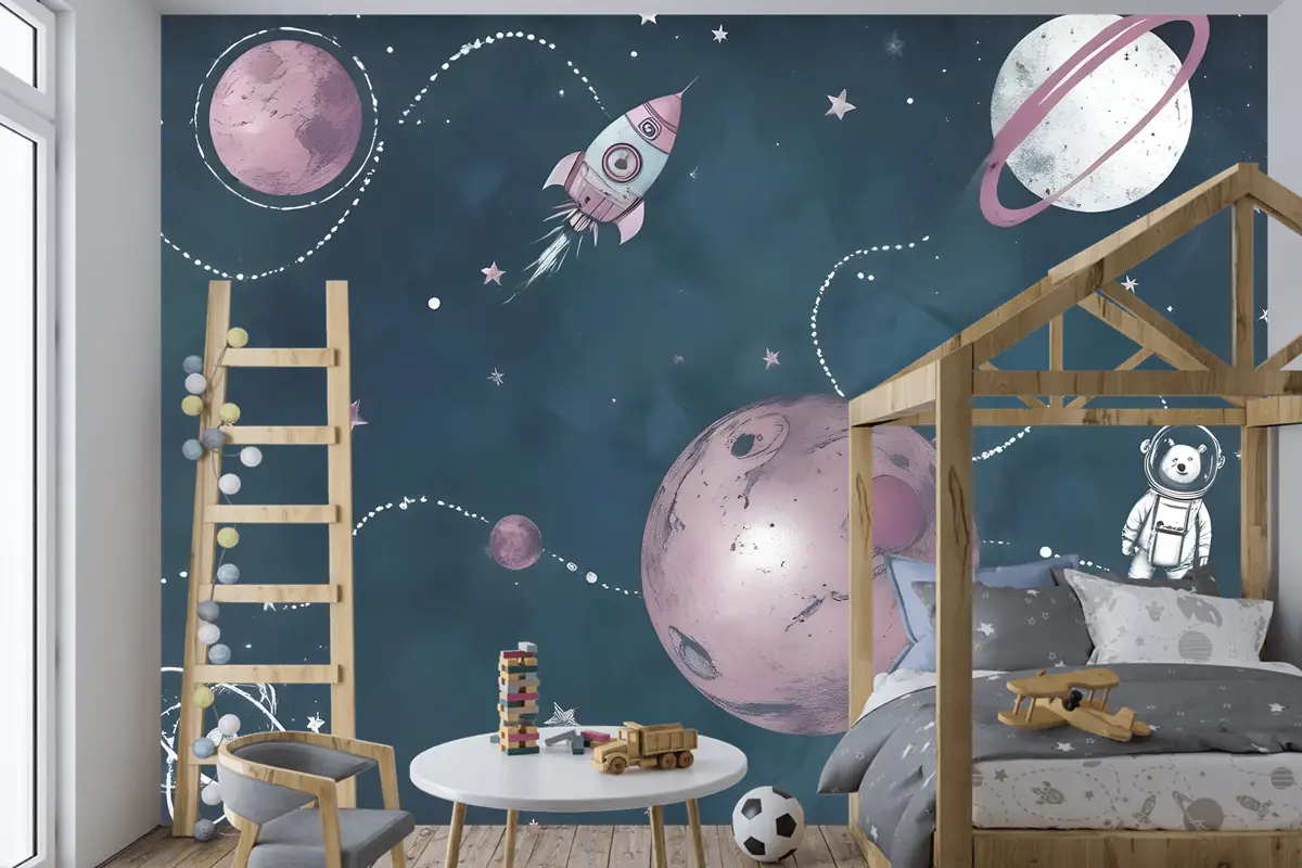 Suluboya Ayı Astronot Çocuk Odası Duvar Kağıdı Ile Uzay Parlayan Çocuklar