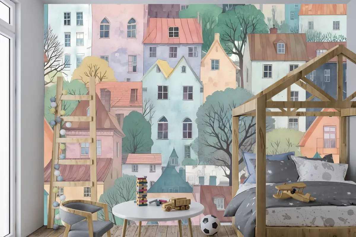 Çocuklar Küçük Kasaba Sevimli Suluboya Ev Çocuk Odası Duvar Kağıdı