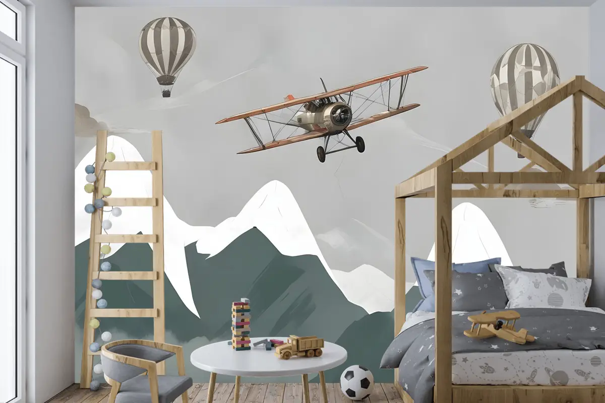 Çocuklar Uçak Ve Balonlarla Karlı Dağ Çocuk Odası Duvar Kağıdı