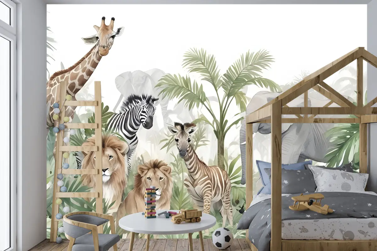 Yapraklı Tropikal Hayvanlar Çocuk Odası Duvar Kağıdı