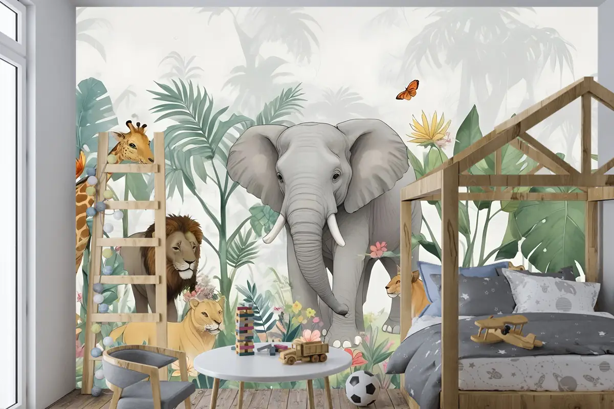 Yeşil Yapraklı Çocuklar Tropikal Safari Hayvanları Çocuk Odası Duvar Kağıdı