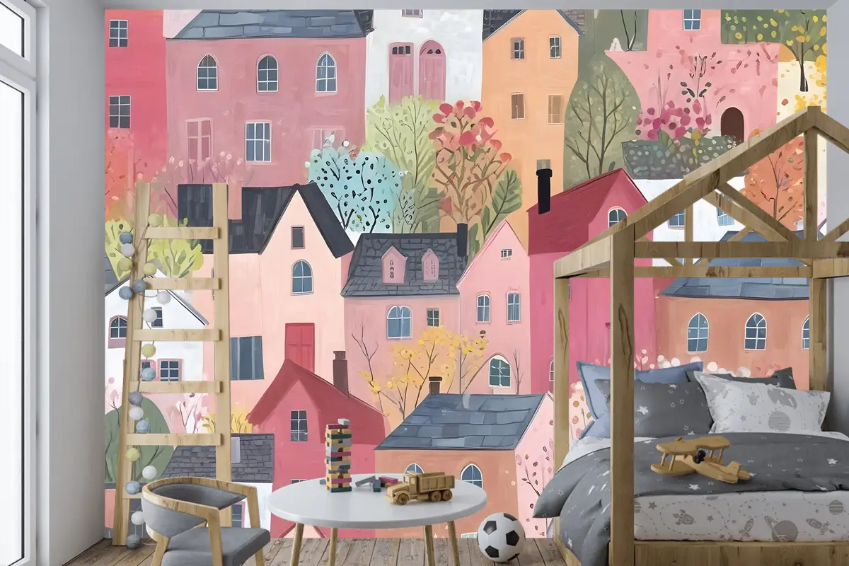 Çocuklar Suluboya Sevimli Kasaba Evi Çocuk Odası Duvar Kağıdı 