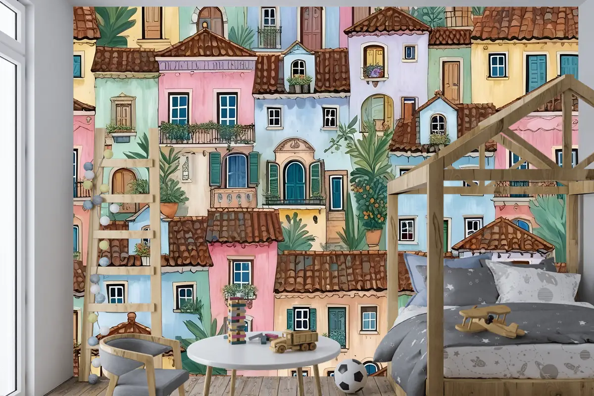 Çocuklar Suluboya Ortaçağ Evi Bitkilerle Çocuk Odası Duvar Kağıdı