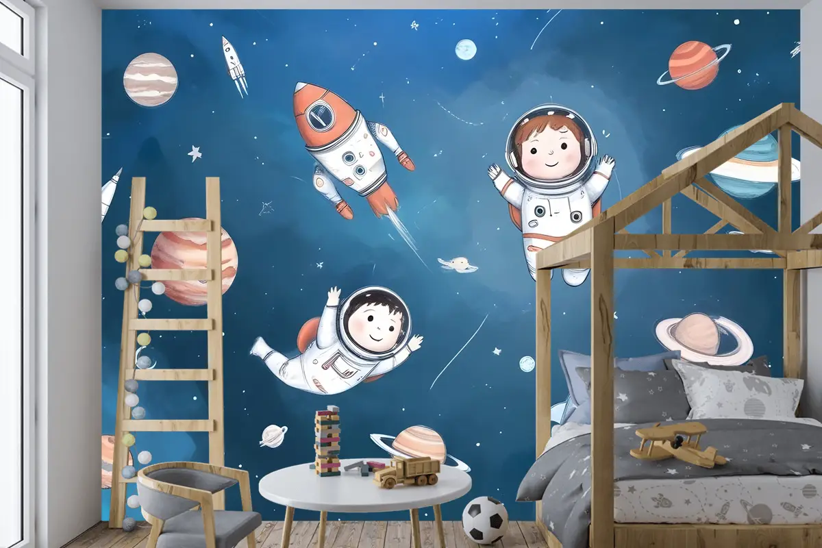 Gezegenler Çocuk Odası Duvar Kağıdı Ile Çocuklar Suluboya Uzay