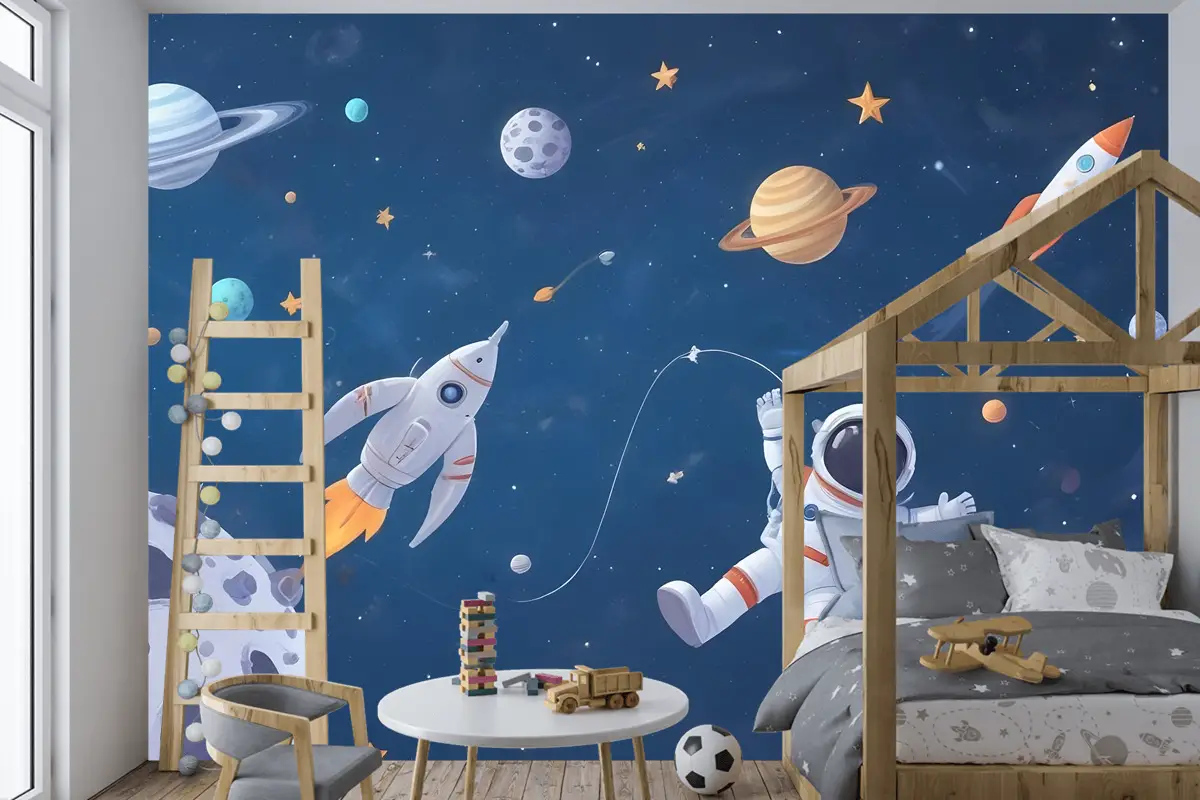 Uzay Gemisi Ve Astronotlu Çocuklar Suluboya Alanı Çocuk Odası Duvar Kağıdı