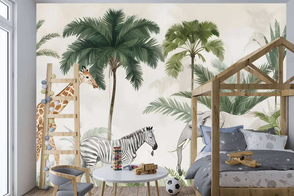 Palmiye Ağaçları Ile Çocuklar Vahşi Tropikal Hayvanlar Çocuk Odası Duvar Kağıdı