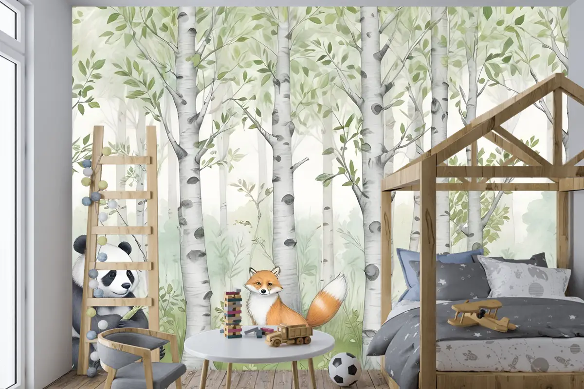 Ormandaki Çocuklar Orman Hayvanları Çocuk Odası Duvar Kağıdı