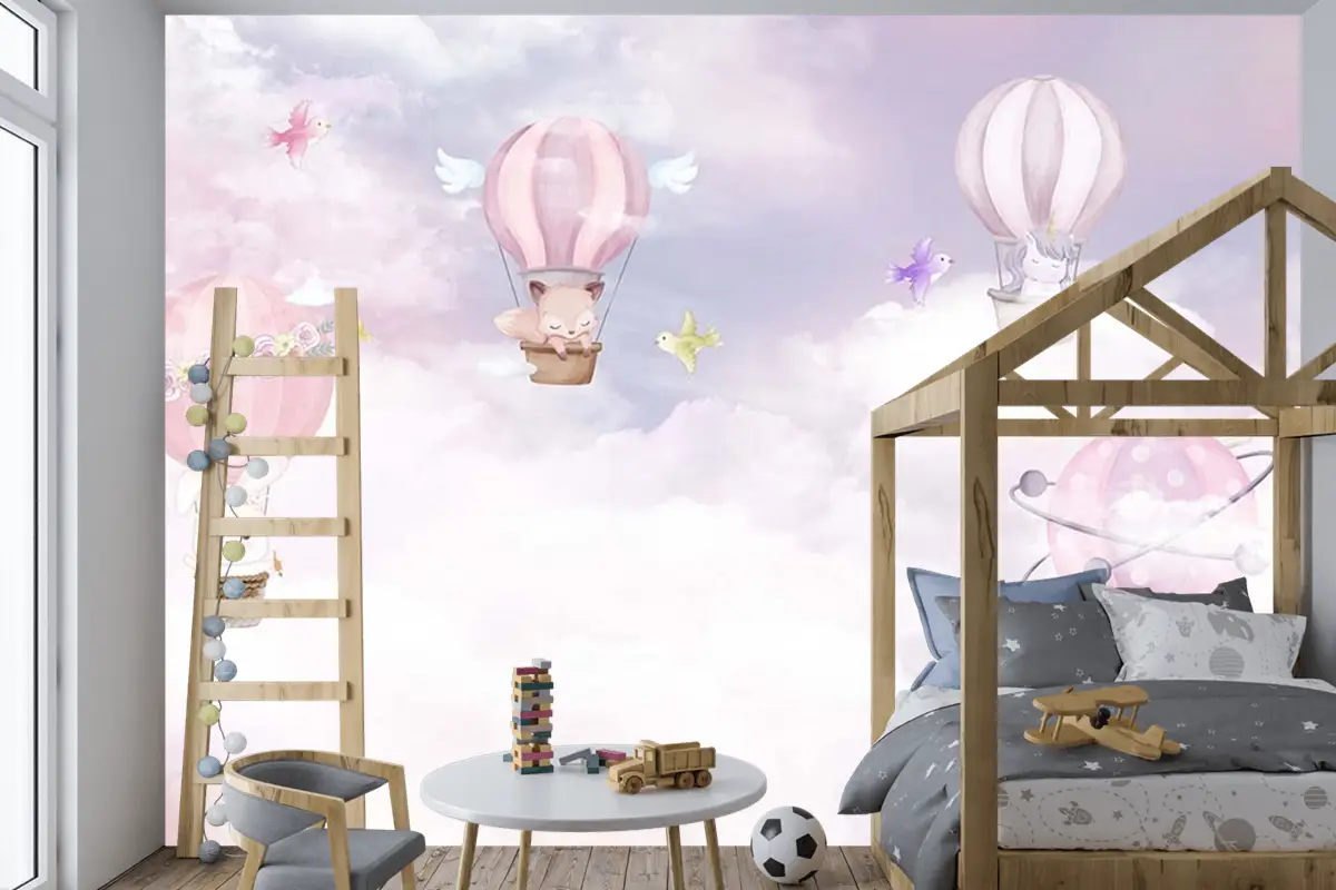 Çocuk Odası Duvar Kağıdı Balonlar Ve Sevimli Hayvanlar
