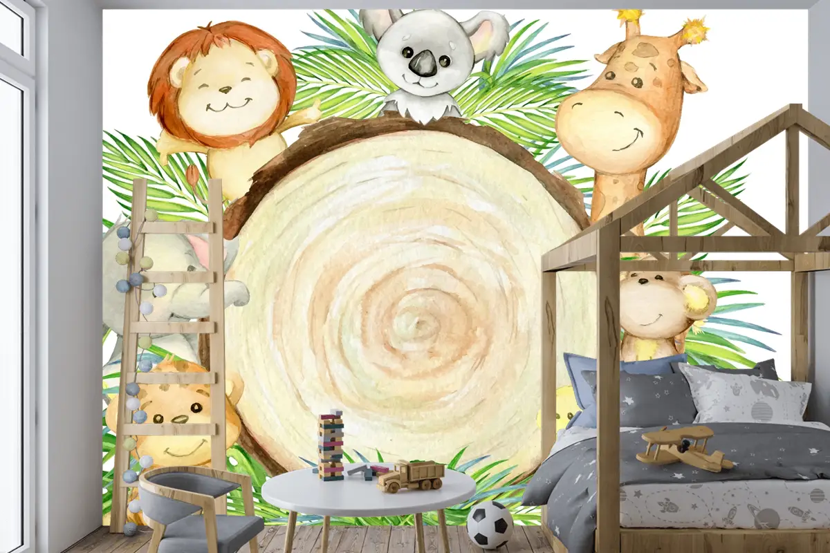 Leopar Maymun Koala Aslan Kaplumbağa Fil Zürafa Yazı Bir Tropikal Hayvanlar Çocuk Odası Duvar Kağıdı
