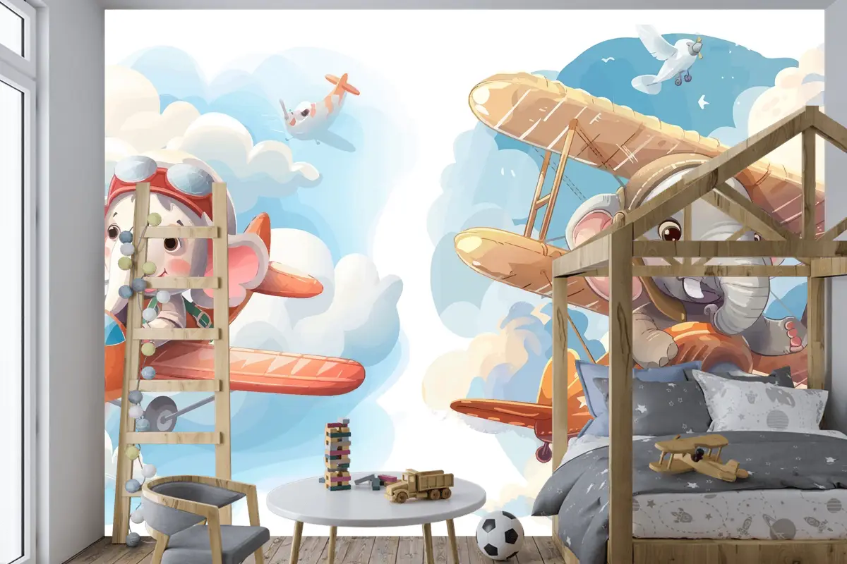 Uçaktaki Küçük Fil Çocuk Odası Duvar Kağıdı 