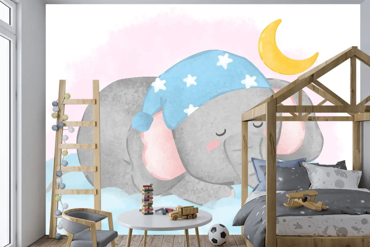 Suluboya Çocuk Odası Duvar Kağıdı Nde Bulutun Üzerinde Uyuyan Güzel Fil