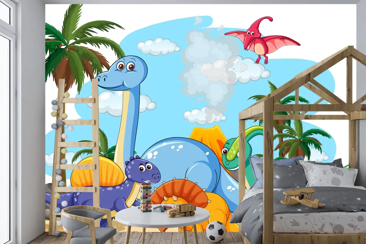 Tarih Öncesi Topraklarda Birçok Sevimli Dinozor Karakteri İzole Çocuk Odası Duvar Kağıdı